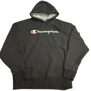 Champion Hoodie Black Large Kangaroo Pocket Lined Classic Logo